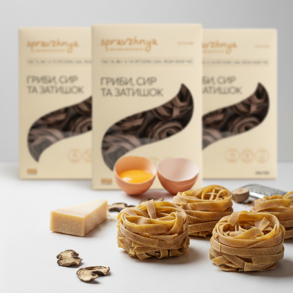 Італійська паста ручної роботи з грибами та пармезаном Fettuccine con Funghi Porcini e Parmigiano, 250 г ТМ Spravzhnya 4500451 фото