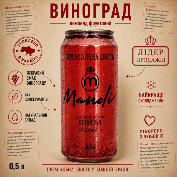 Лимонад слабогазований Виноград, 0,33 л ТМ Манолі 6400191 фото